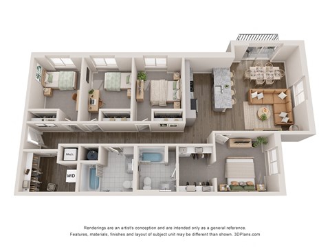 Floor plan for 4 beds, 2 baths, 1422 sqft